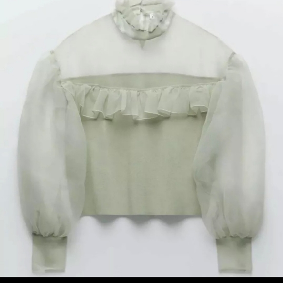 🆕ZARA | Organza Knit Top Sea Foam Green Ruffle Sheer Sweater Top Size Large - Picture 4 of 16